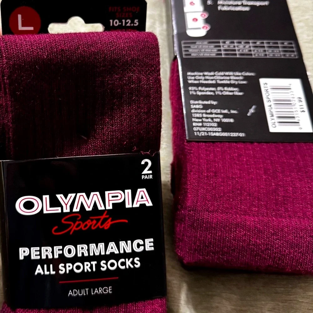 Men's burgundy Athletic All Sports Performance Socks L (2-pack lot-total 4 pr)